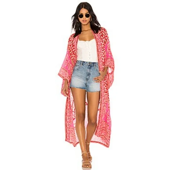 New Boho Peasant Floral Sheer Kimono Maxi Duster Jacket Cardigan Red Pink - Picture 5 of 11